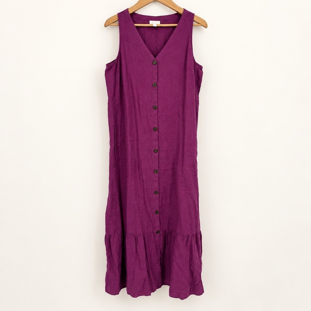 J.Jill Love Linen Medium Maxi Dress Purple Sleeveless Button Front Ruffle Beachy